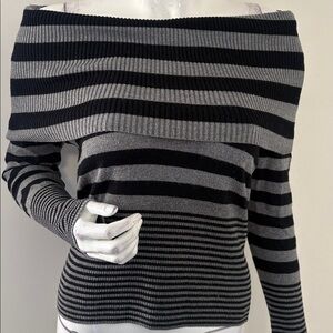 Y2K Apt. 9 Off the Shoulder Knit Foldover Collar Sweater Black & Gray Stripes